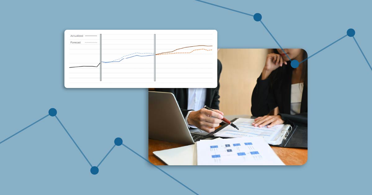 A screenshot from Keen's Cross-Media Measurement tool on top of an image of marketers comparing reports.