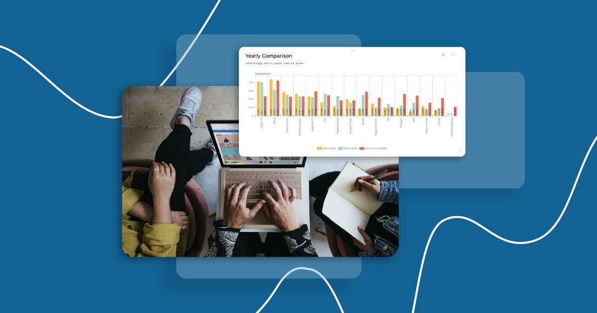 Graph from Keen's Marketing Measurement platform on top of picture of marketers meeting.