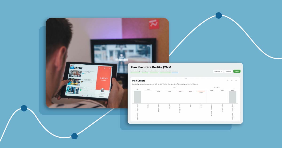 Marketer looking at a device behind a screenshot of Keen platform's media buying insights powered by AI