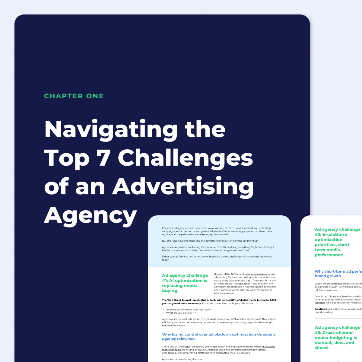 A photo of chapter one "Navigating the top 7 challenges of an Advertising Agency" in the Keen Cross-Channel Media Measurement Playbook