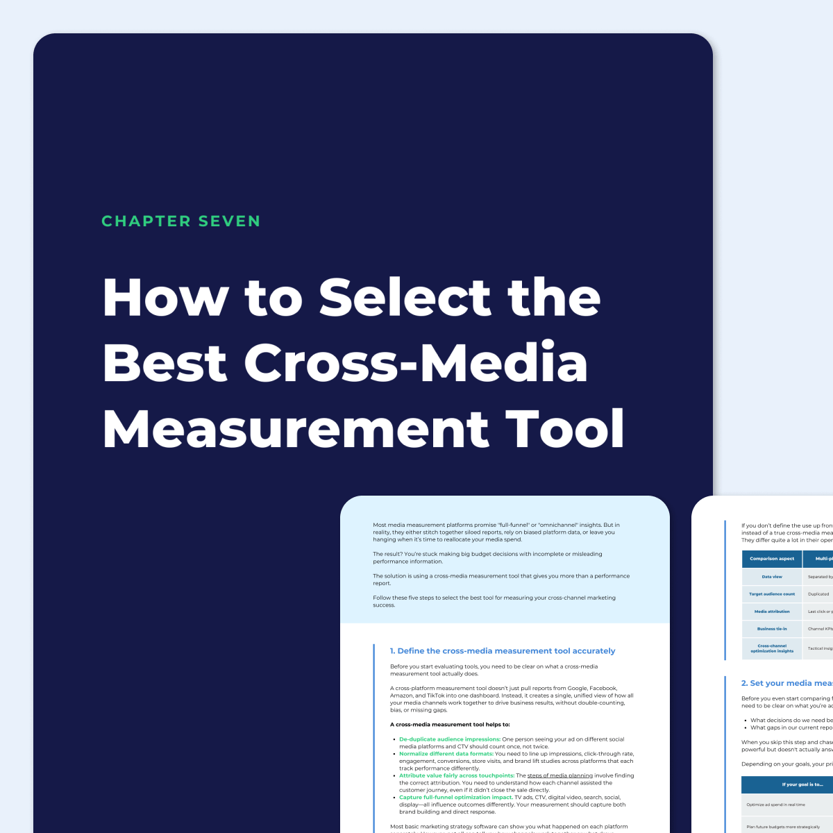 A photo of chapter seven "How to Select the Best Cross-Media Measurement Tool" in the Keen Cross-Channel Media Measurement Playbook