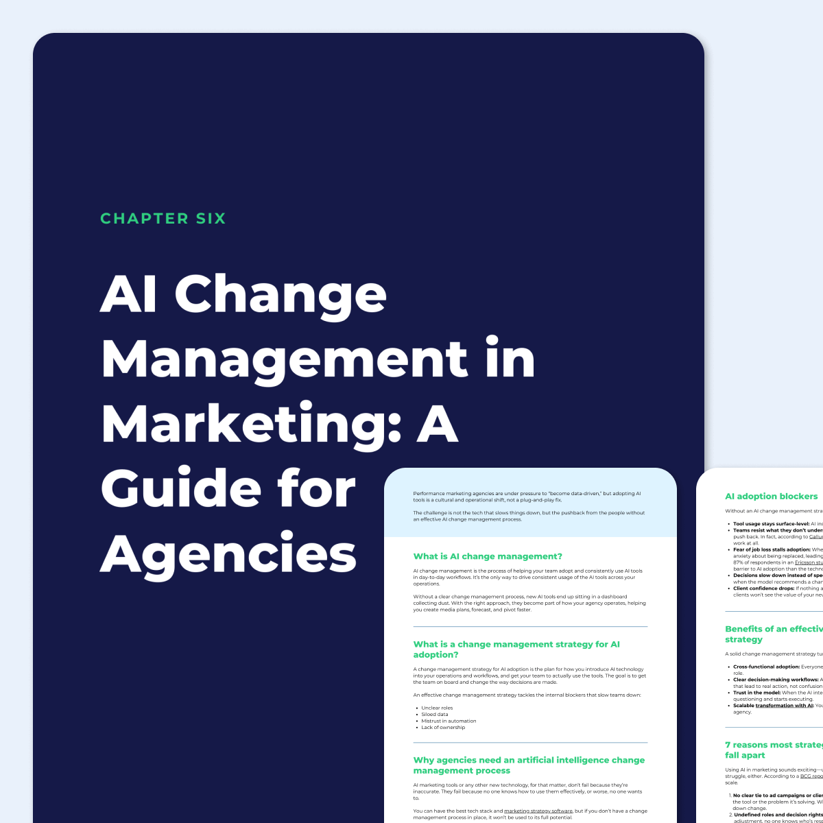 A photo of chapter six "AI Change Management in Marketing: A Guide for Agencies" in the Keen Cross-Channel Media Measurement Playbook