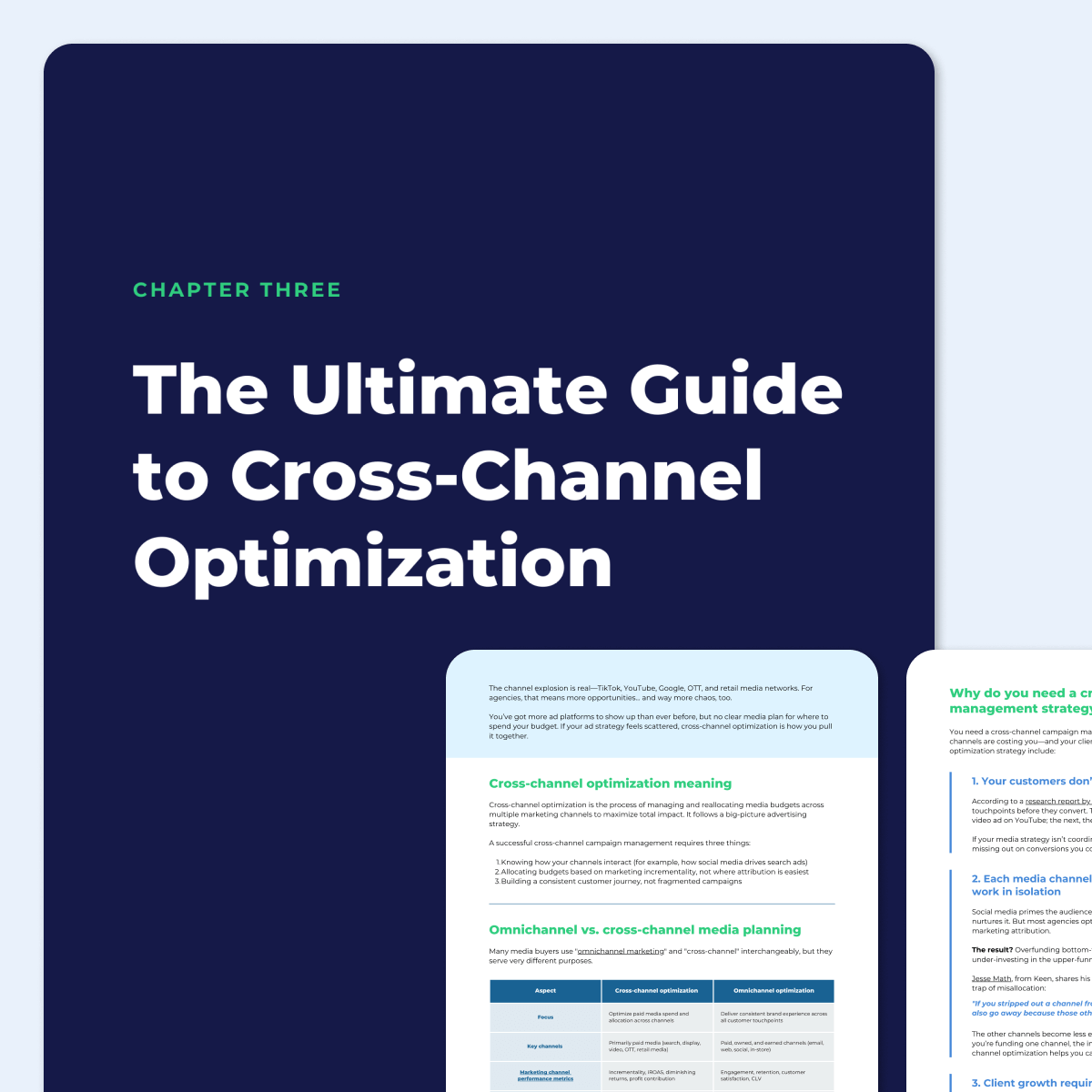 A photo of chapter three "The Ultimate Guide to Cross-Channel Optimization" in the Keen Cross-Channel Media Measurement Playbook