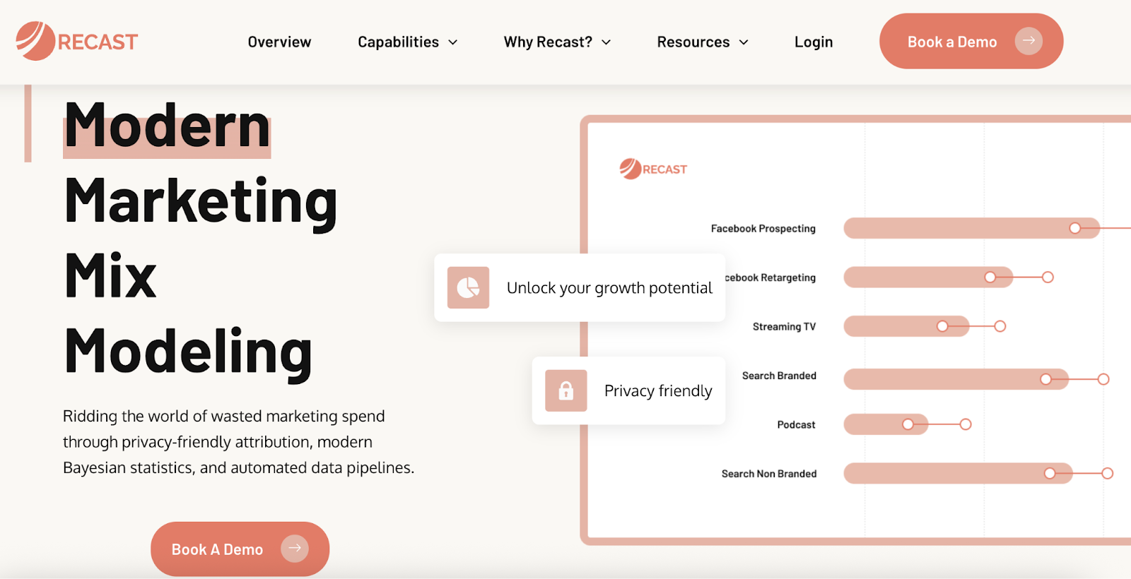 Website screenshot of one of the top marketing mix modeling companies, Recast. 