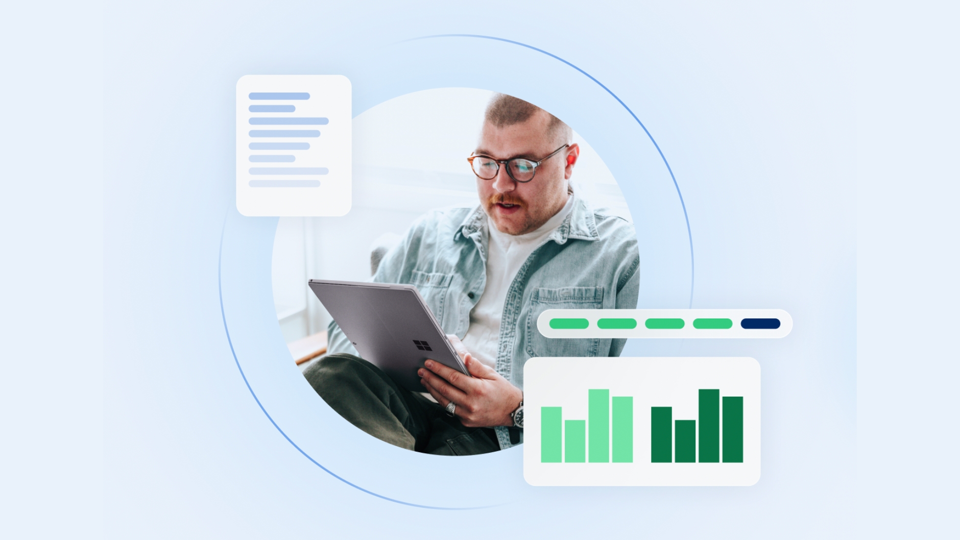 Person analyzing marketing performance data on a tablet, surrounded by digital charts and report graphics representing forecasting and marketing mix modeling.