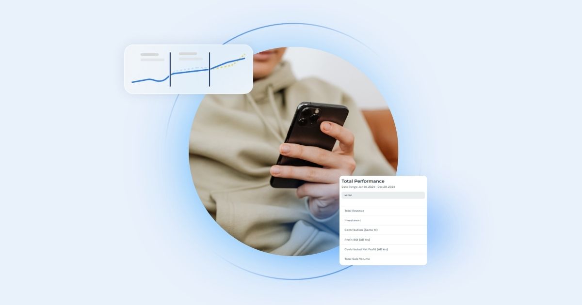 A consumer holding a phone with screenshots of Keen's platform overlayed.
