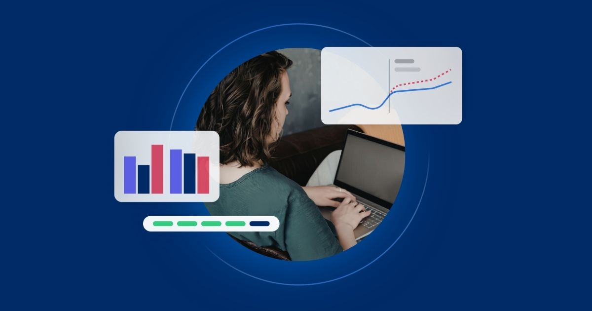 A marketer working on their computer with graphs from Keen's platform floating around them.