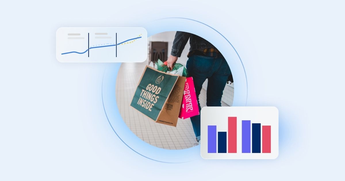 A consumer holding purchases in gift bags in hand with screenshots of Keen's measurement platform overlayed.