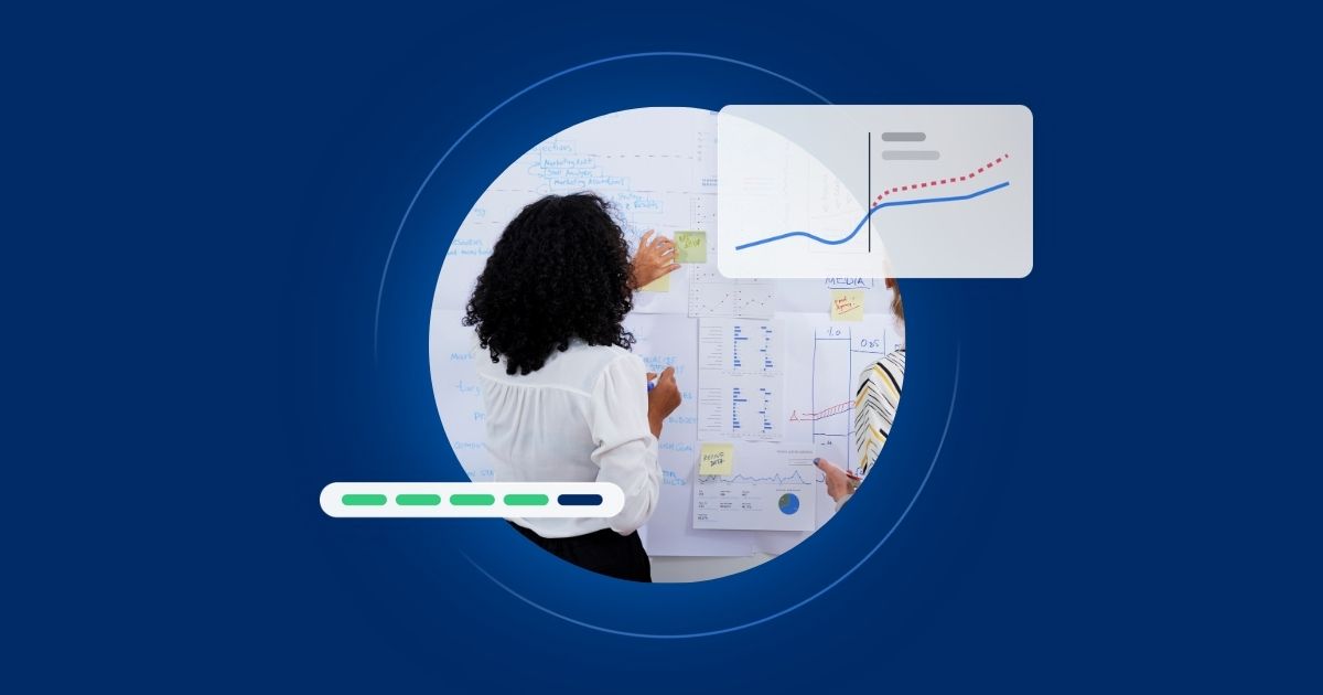 A marketer looking at a collage of marketing campaign planning with overlays of Keen's predictive analytics graphs from Keen platform.