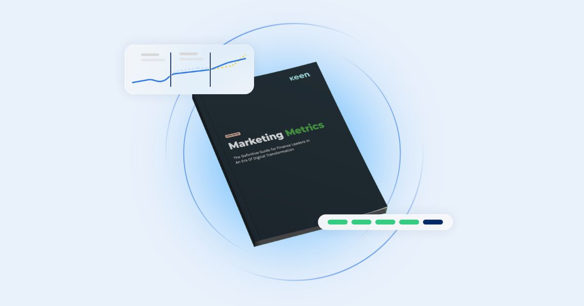 A mockup of a Connected TV Measurement guide with screenshots of Keen's MMM platform overlayed.